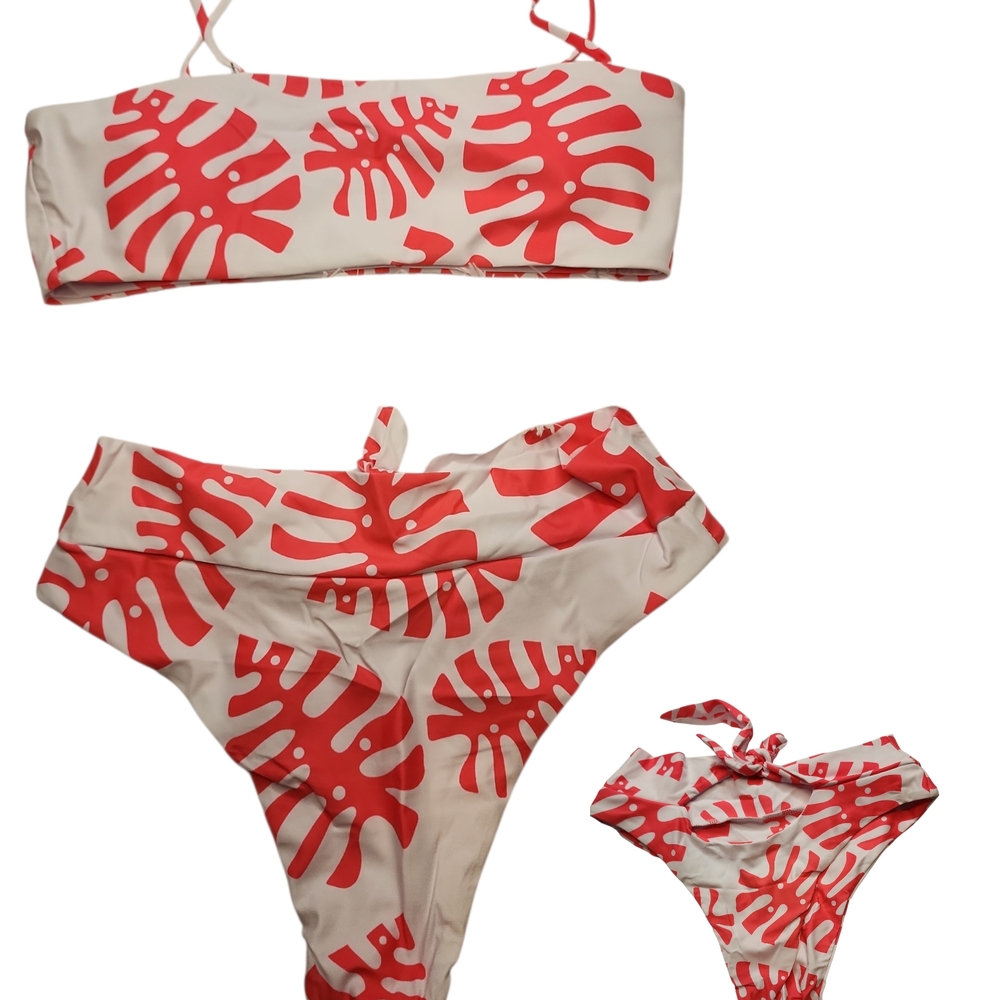 Tropical Red Leaf Print Bikini Set